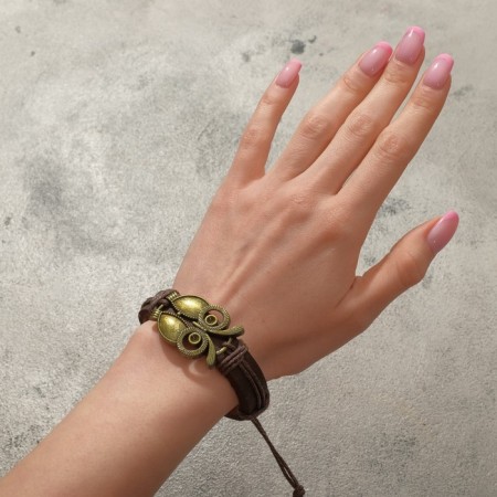 Bracelet Leather "Style" owl, brown color in black gold, d = 6 cm-2