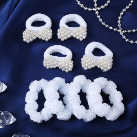 Hair gum "Arina" (set of 8 pcs) bows, 4 cm, white-1