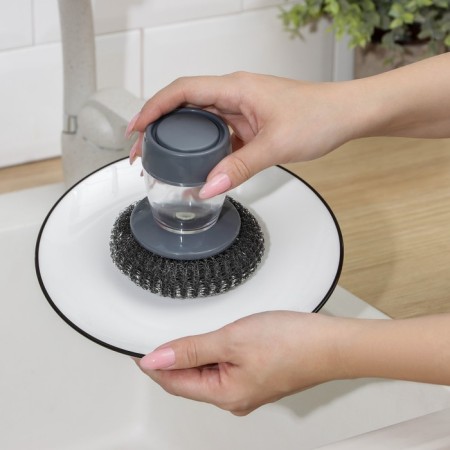 Wash brush with dispenser for detergent, metal sponge-1