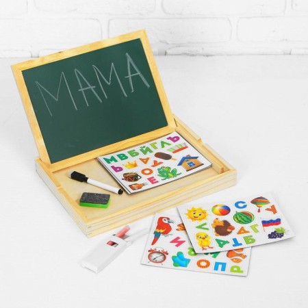 Magnetic "Alphabet" designer in a wooden box + chalk, marker, sponge, in a bag