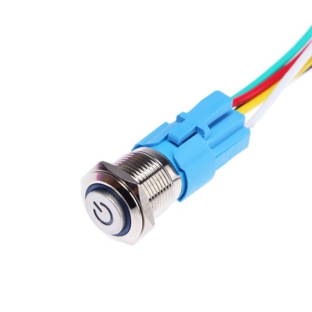 Switch, 12 V, 3 A, 5 PIN, IP67, D 16mm, wire 15 cm, blue
