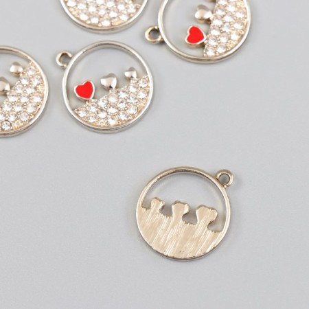 Decor for creativity metal, rhinestones, enamel "Three hearts in the circle" silver 0.2x1.8x2.1 cm-1