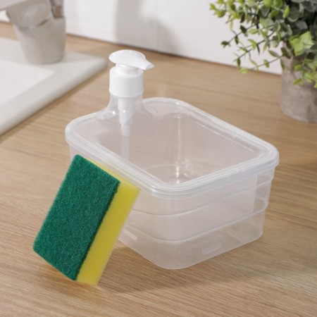 A dispenser for a detergent with a stand for the lobby of a share, a sponge included, 600 ml, 17 × 13 × 14 cm