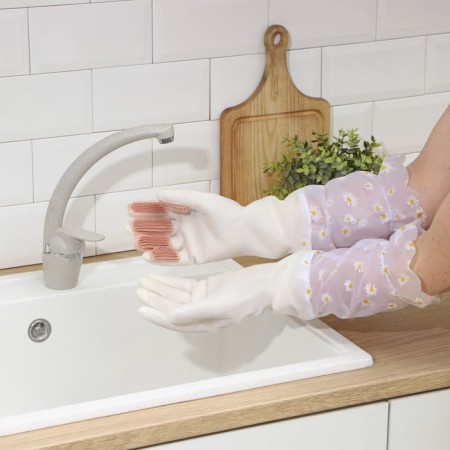 Raccoon household gloves with brushes, cuff and lining, size l, 47 cm, white color