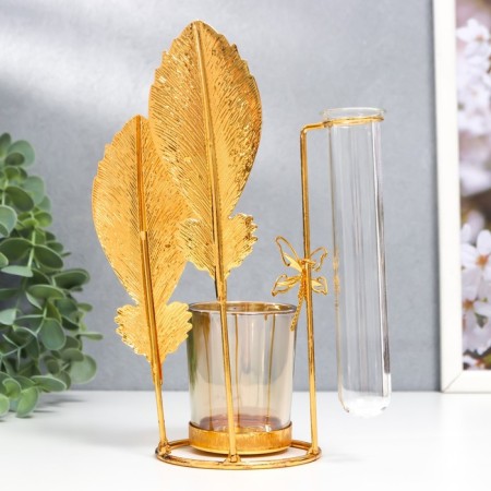 Summary Metal, glass for 1 candle with a vase "Golden feathers" D-5 cm, 7.5x14x19.6 cm-4