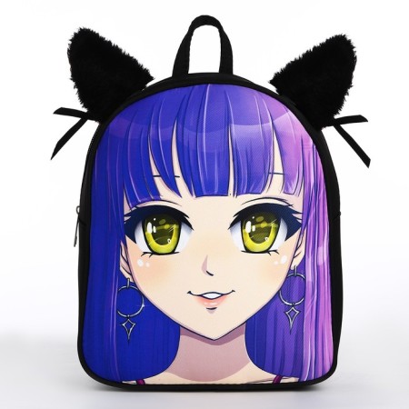 School textile backpack with ears on the hairpins "Anime", 27x23 cm, black/purple-3