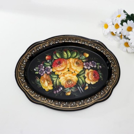 Zhostovsky tray "yellow roses", Kruzhevna, author of Vladykin, 30x23 cm, small, oval
