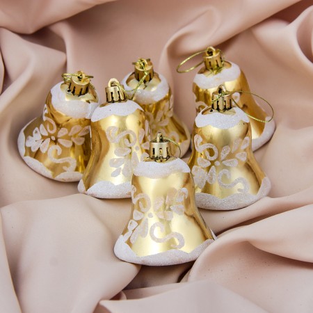 Jewelry decoration "Bells with flowers" (set 6 pcs) 5.5 cm, white-golden