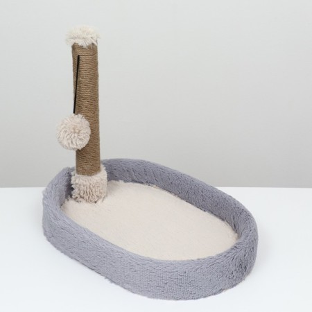 A bed with a cloth "Pijon", oval, 55 x 36 x 47cm, fluffy fur, jute, gray-2