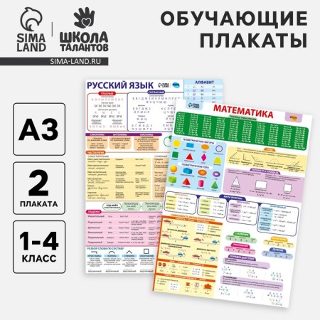 Set of training posters “Russian language and mathematics 1-4 grade” 2 in 1, a3-1