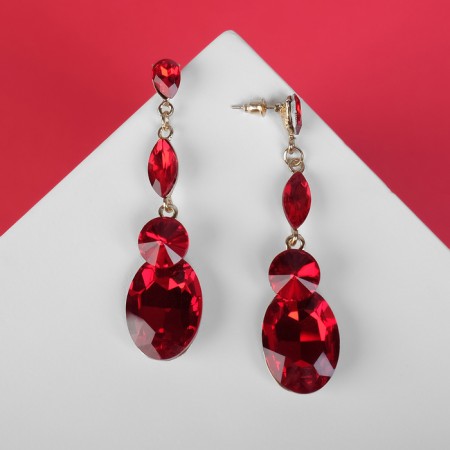 Hanging earrings with “Party” rhinestones path of drops, red color in gold, 7 cm-1