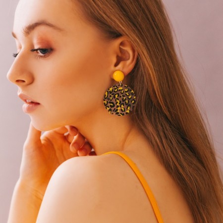 Earrings Plastic "Tanzania" circles cheetah, black and yellow color, d = 4-3