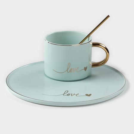 Coffee steam ceramic “love”, 3 objects: mug 200 ml, saucer d = 20 cm, spoon h = 14 cm, blue color