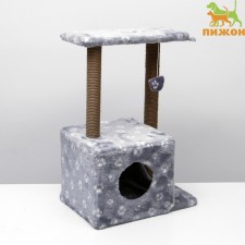 House for cats with a claw, two -story, with windows, 50 x 36 x 75 cm, gray with paws
