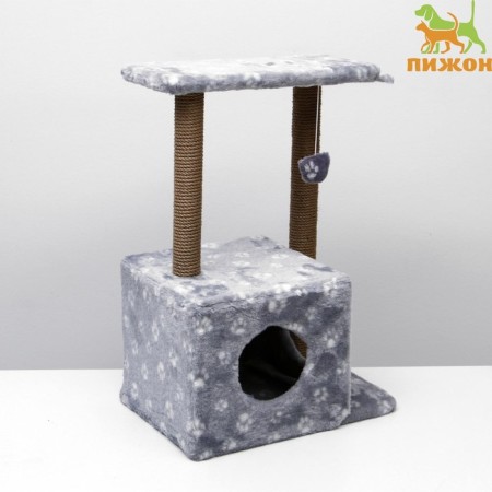 House for cats with a claw, two -story, with windows, 50 x 36 x 75 cm, gray with paws
