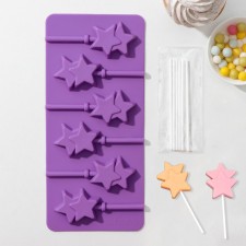 Form for the candies of the “stars”, silicone, 24 × 11 × 1 cm, 6 cells (5.2 × 4 cm), with sticks, mix of mix