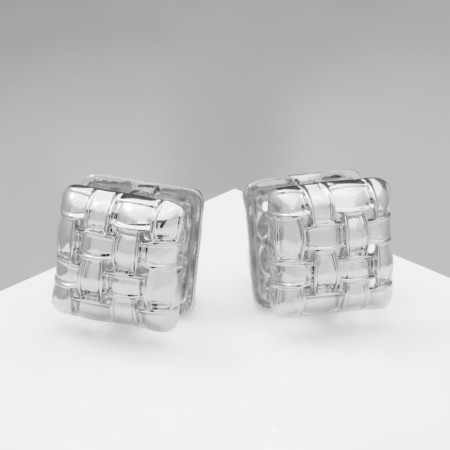 Earrings Metal "Chord" Weaving, Square, Color Silver