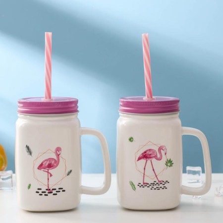 Ceramic mug with a metal lid and pipe "Flamingo", 450 ml, color mix-4