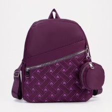 A backpack with a zipper, an outer pocket, 2 side pockets, a wallet, a purple color