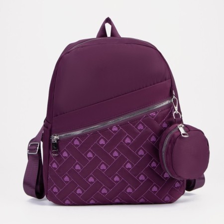 A backpack with a zipper, an outer pocket, 2 side pockets, a wallet, a purple color