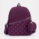 A backpack with a zipper, an outer pocket, 2 side pockets, a wallet, a purple color