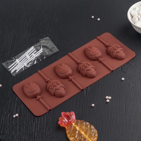 Form for the candy of the share "Easter rabbit", silicone, 26 × 10 × 1 cm, 6 cells, with sticks, brown color-1