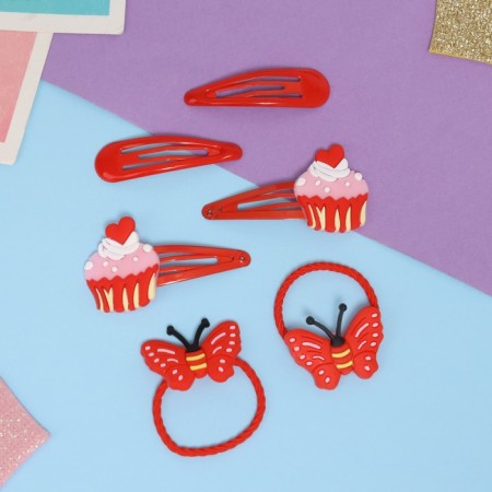 Shirley hair set (2 elastic bands 5 cm, 4 invisibility 5.5 cm) butterfly, red-1
