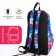 The backpack is waterproof with lightning, 3 pockets, blue/pink color
