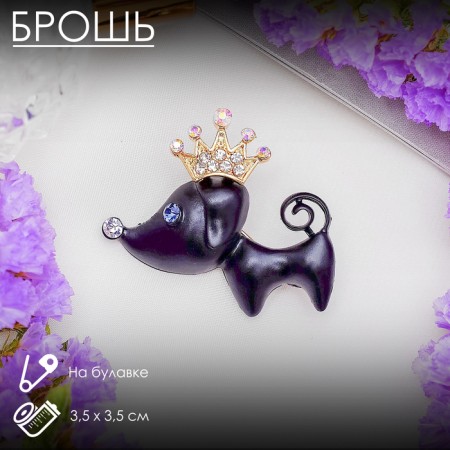 Brooch "Dog" with a crown, black color in gold