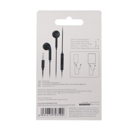 Headphones Borofone BM30, inserts, microphone, jack 3.5 mm, cable 1.2 m, black-5