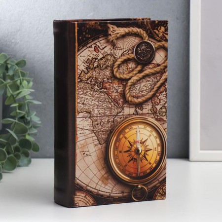 Safe-book wood, leatherette "Old cards and gold compass" 21x13x5 cm