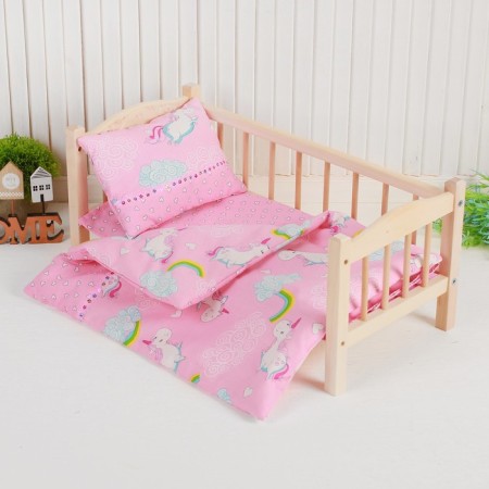 Bed linen for dolls "Unicorn on Pink", sheet, blanket, pillow