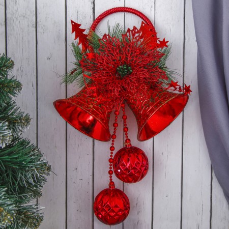 New Year's decoration "Two bells with a flower and balls" 19x41 cm, red