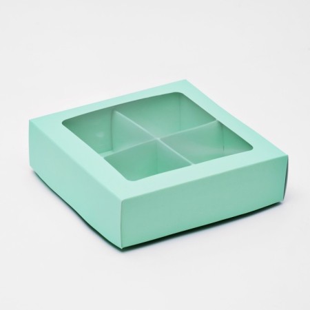 Box for sweets 4 pcs, with a window, mint, 12.5 x 12.5 x 3.5 cm