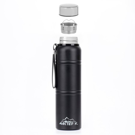 Thermos, 1 l, Warm, retains heat 24 hours, with a strainer, with a temperature sensor, black-1