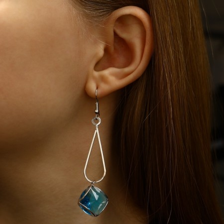 Hanging earrings with rhinestones "drop with a rhombus", blue color in silver, 7.2 cm-4