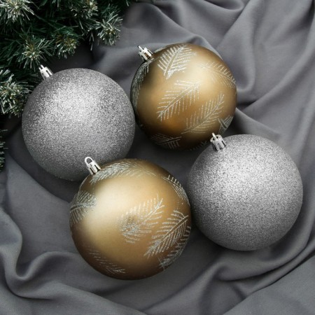 Set of balls plastic D-10 cm, 4 pcs "Winter foliage" silver gold-2