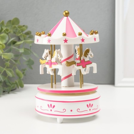 Souvenir Plastic Mechanical "Carousel - Horses" white -pink 10.5x10.5x17.5 cm 10459-1
