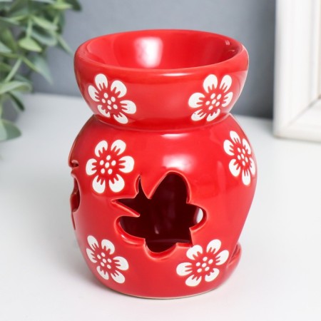 Aroma lamp ceramics "butterflies" white flowers on red 8x8x10 cm-2