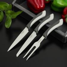Faded knife set, 3 objects: knives, meat fork, gray color