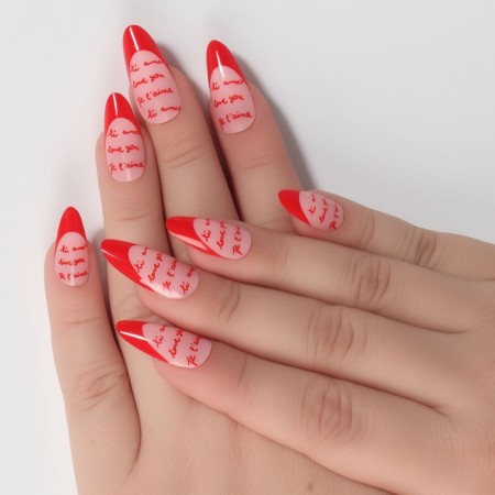 Love overhead nails, 24 pcs, with adhesive plates, almond shape, pink/red color-11