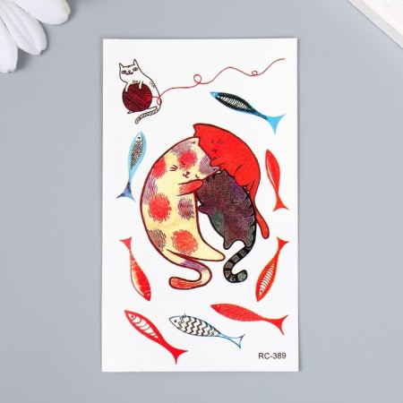 Tattoo on the body color "cat hugs and fish" 10.5x6 cm