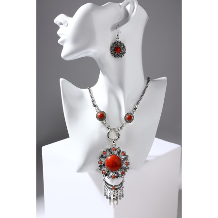 Set 2 objects: earrings, necklace "India", red color in black silver, 52 cm-5