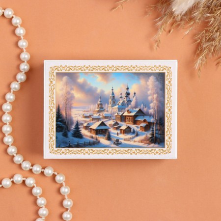 Casket "Winter Village", white, 8 × 10.5 cm, lacquer miniature-2
