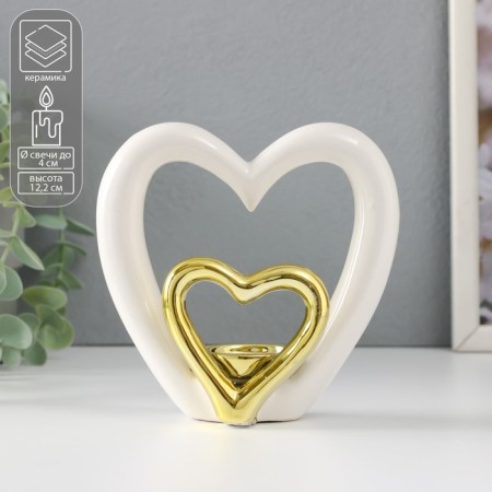 Ceramics candlestick for 1 candle "heart" white with gold 12.7x5.5x12.2 cm