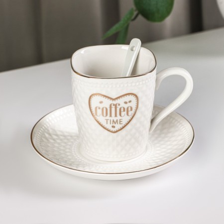 Coffee steam ceramic with a spoon of Coffee, 2 items: a mug of 190 ml, a saucer, a drawing mix