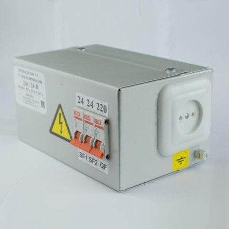 A box with a decreasing transformer of Kostroma OS0000002235 220/24V, 3 circuit breaker 97