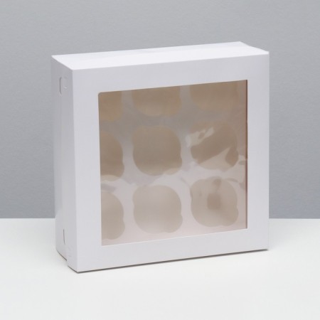 Packaging for 9 cupcakes with a window, white, 25 x 25 x 10 cm
