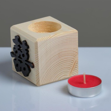 Candle in a wooden candlestick "Cube, hieroglyphs. Happiness", 6x6x6 cm, cherry aroma-1