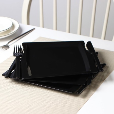 Plastic disposable plastic 3 in 1: plate, fork, knife, square, black-1